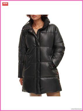 Faux Leather Mid-length Puffer Coat Quilted Long Sleeve